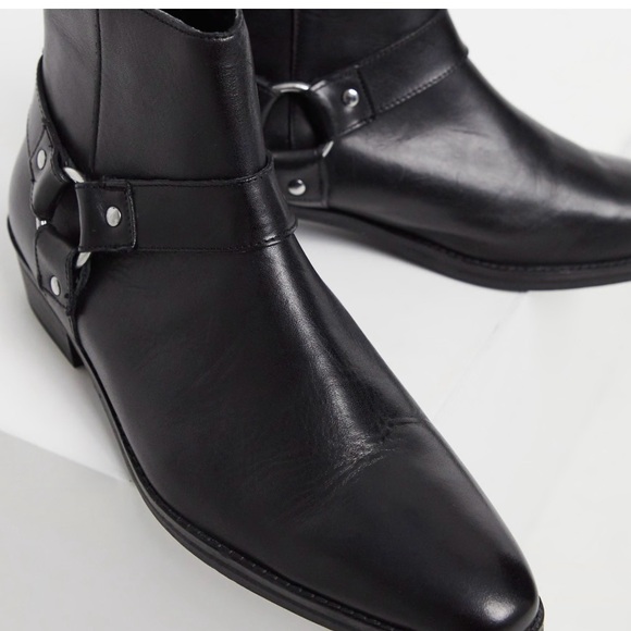 ASOS DESIGN Men’s Cuban Heel Black Leather Harness Boots 10 / EU 43 / UK 9 - Picture 11 of 13